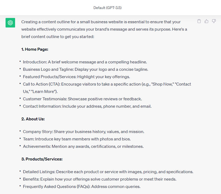 A content outline for a small business website using ChatGPT.