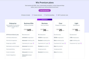 A screenshot of the Wix pricing structure.