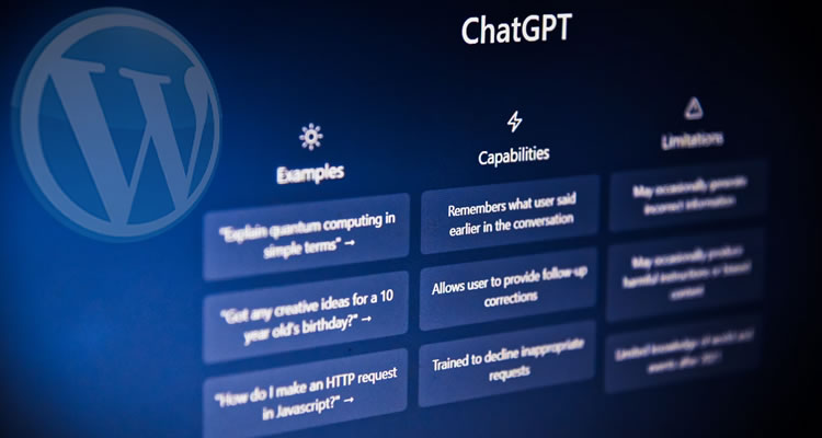A picture of a screenshot of ChatGPT with a WordPress logo.