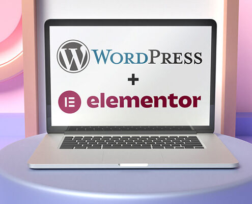 An image of a laptop with the WordPress and Elementor logos on the screen.