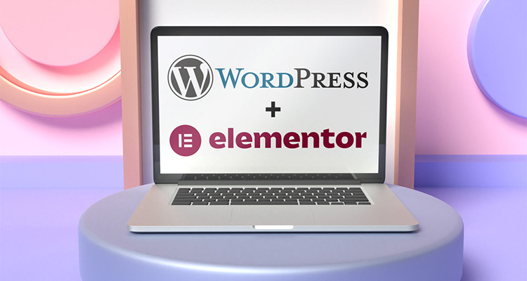 An image of a laptop with the WordPress and Elementor logos on the screen.