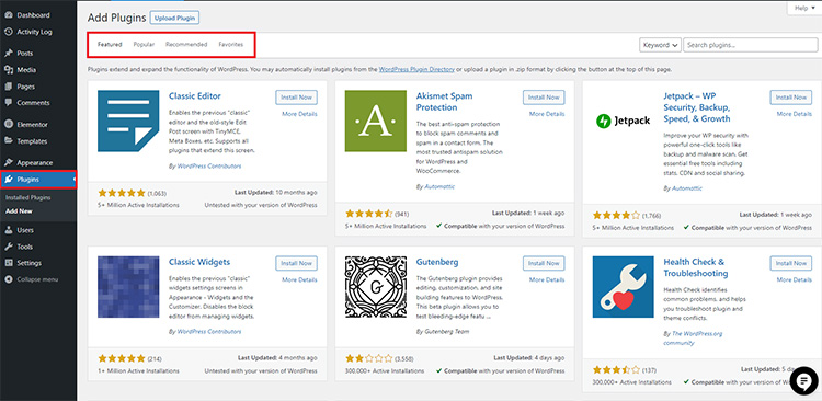 A screenshot of the WordPress dashboard showing available plugins.
