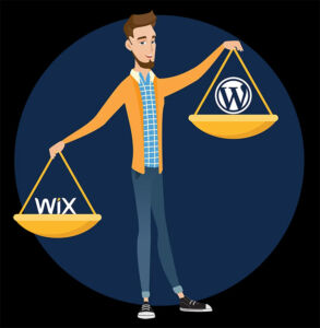 An image of a man holding a scale with WordPress and Wix.
