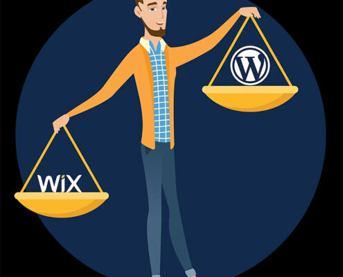 An image of a man holding a scale with WordPress and Wix.