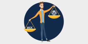 A cartoon of a man hold a scale with WordPress and Wix.