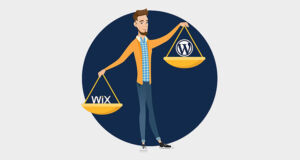 A picture of a man holding a scale weighing WordPress and Wix.