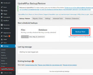 A screenshot of a WordPress backup plugin.