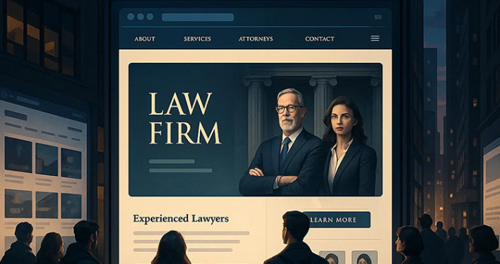 A picture of people looking at a law firm billboard.