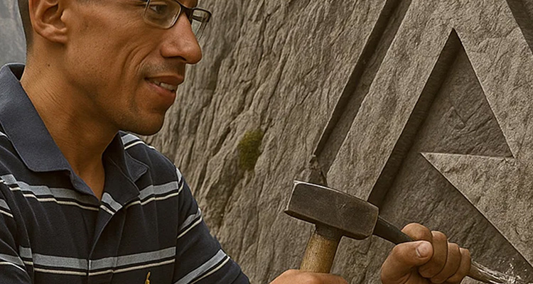 A graphic designer chiseling a logo into a mountain.