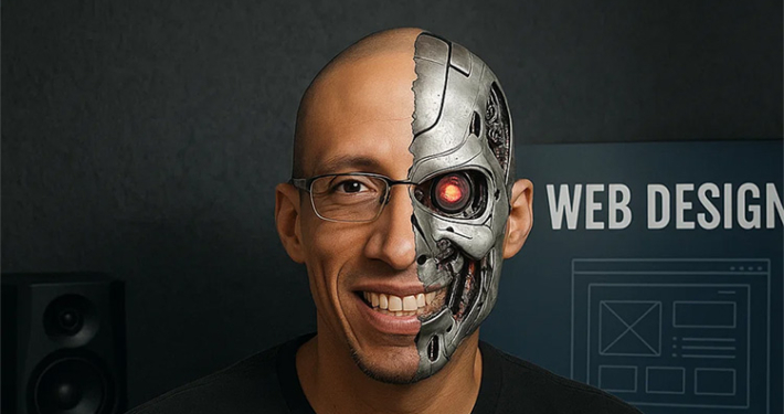 An image showing a half-human and half-robot representing the future of AI.