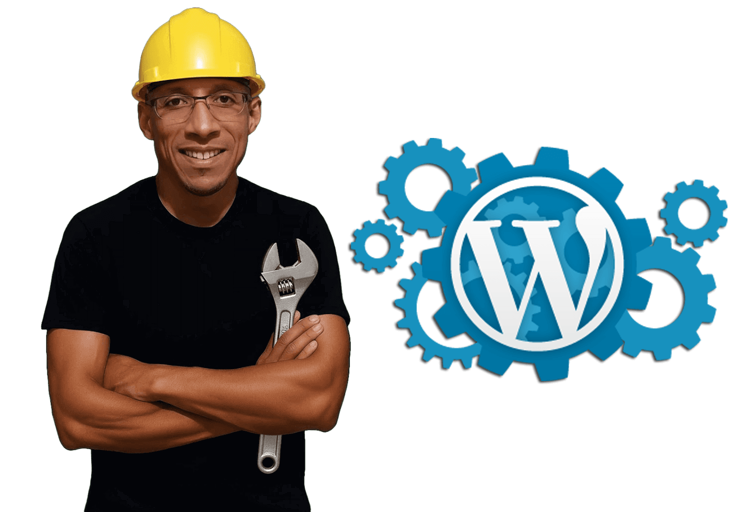 Fabio Peters is wearing a hard hat. holding a wrench with a WordPress logo beside him.